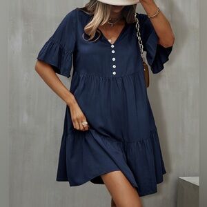 NEW- IZURIA | Navy Button-Front Ruffle-Accent Tiered Shift Dress - Women
